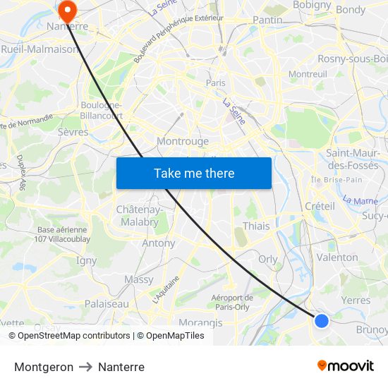 Montgeron to Nanterre map