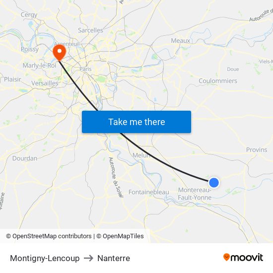 Montigny-Lencoup to Nanterre map