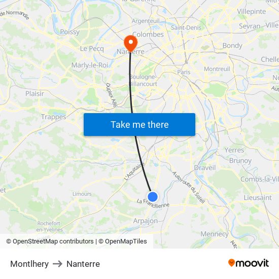 Montlhery to Nanterre map