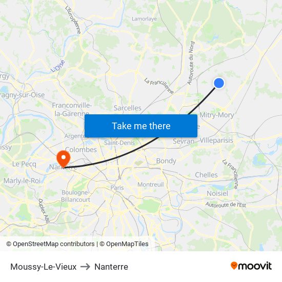 Moussy-Le-Vieux to Nanterre map