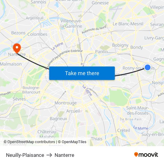 Neuilly-Plaisance to Nanterre map