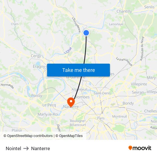 Nointel to Nanterre map