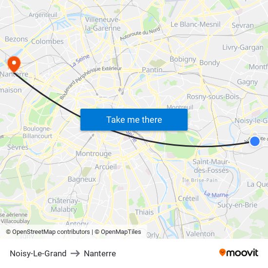Noisy-Le-Grand to Nanterre map