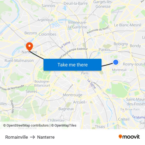 Romainville to Nanterre map