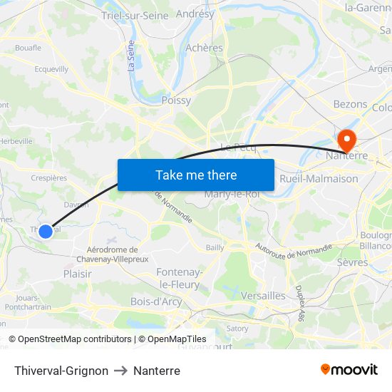 Thiverval-Grignon to Nanterre map