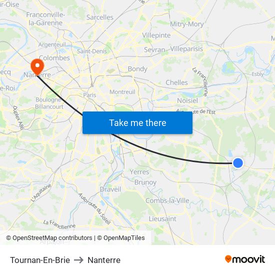Tournan-En-Brie to Nanterre map