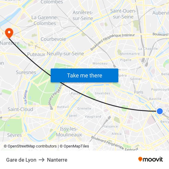 Gare de Lyon to Nanterre map