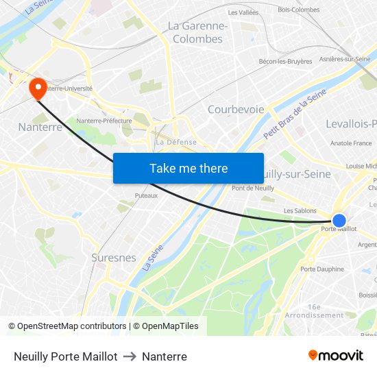 Neuilly Porte Maillot to Nanterre map
