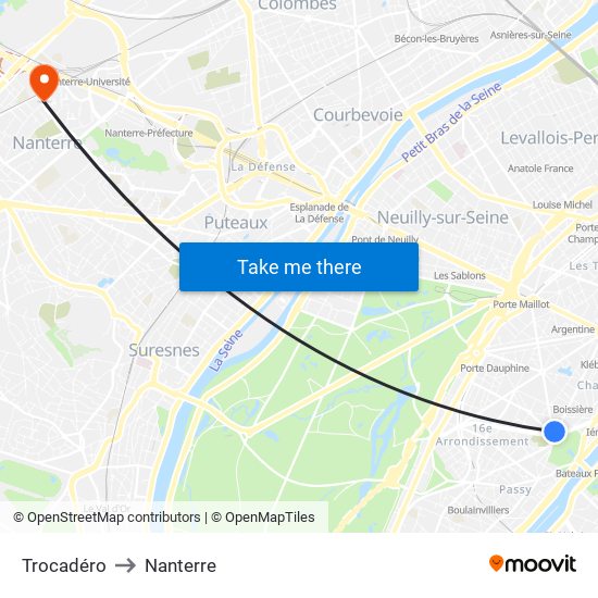 Trocadéro to Nanterre map