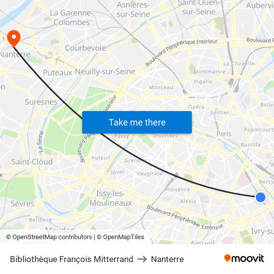 Bibliothèque François Mitterrand to Nanterre map