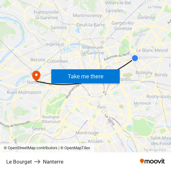 Le Bourget to Nanterre map