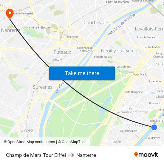 Champ de Mars Tour Eiffel to Nanterre map