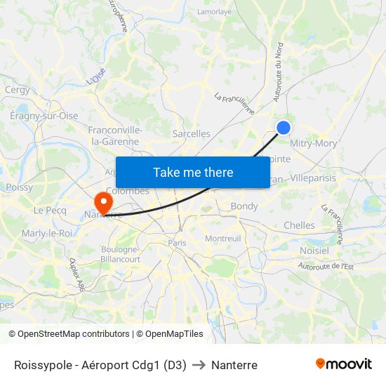 Roissypole - Aéroport Cdg1 (D3) to Nanterre map