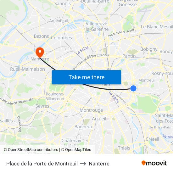 Place de la Porte de Montreuil to Nanterre map
