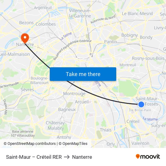 Saint-Maur – Créteil RER to Nanterre map