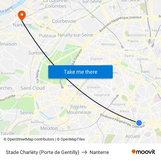 Stade Charléty (Porte de Gentilly) to Nanterre map