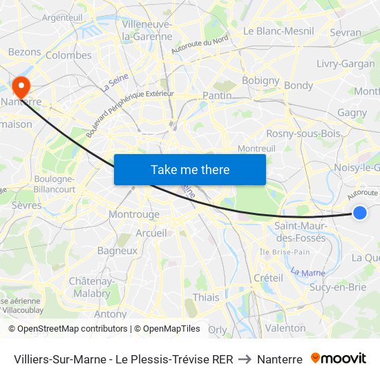 Villiers-Sur-Marne - Le Plessis-Trévise RER to Nanterre map