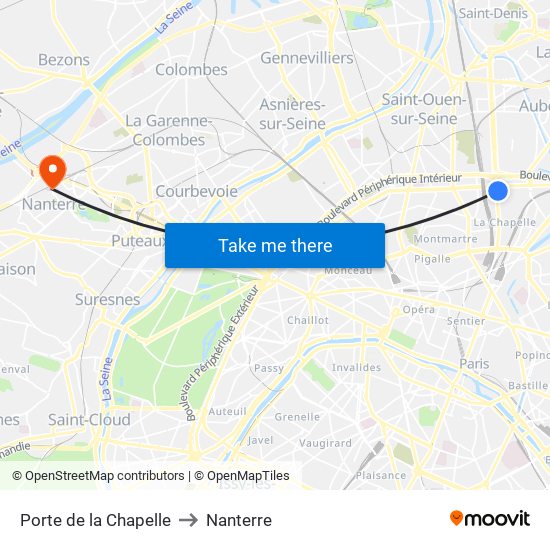 Porte de la Chapelle to Nanterre map