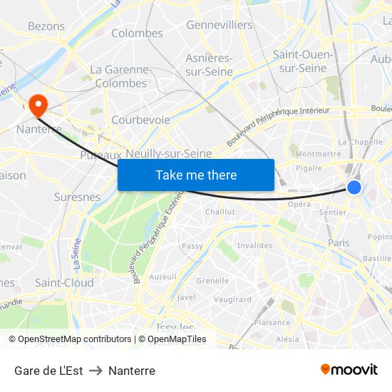 Gare de L'Est to Nanterre map