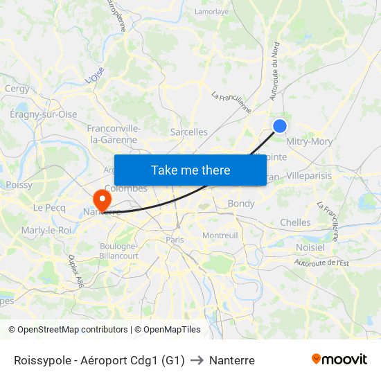 Roissypole - Aéroport Cdg1 (G1) to Nanterre map
