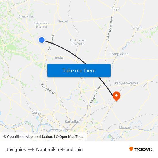 Juvignies to Nanteuil-Le-Haudouin map