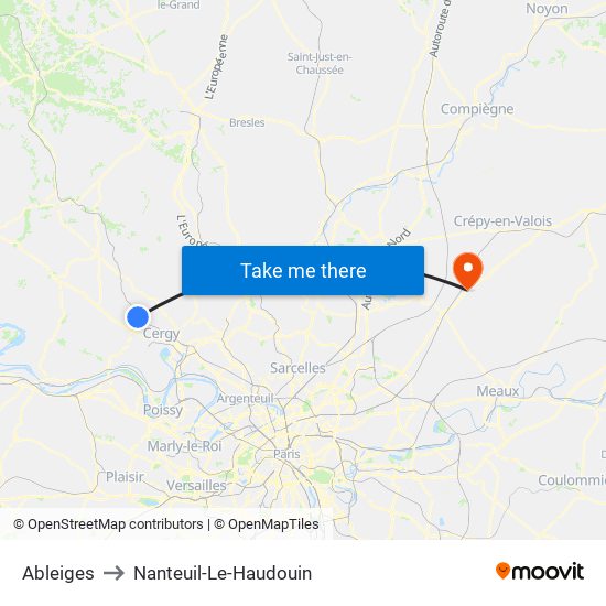 Ableiges to Nanteuil-Le-Haudouin map
