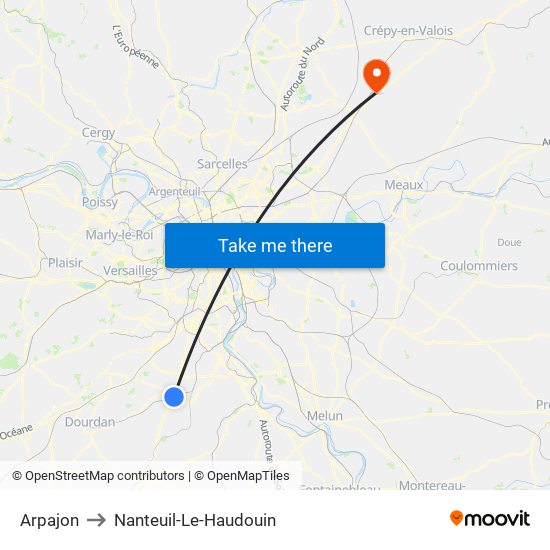 Arpajon to Nanteuil-Le-Haudouin map