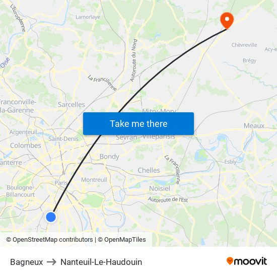 Bagneux to Nanteuil-Le-Haudouin map