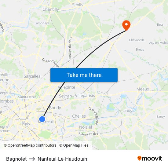 Bagnolet to Nanteuil-Le-Haudouin map