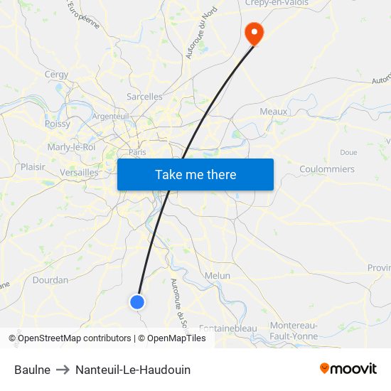 Baulne to Nanteuil-Le-Haudouin map