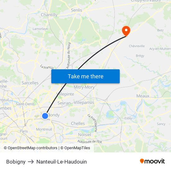 Bobigny to Nanteuil-Le-Haudouin map