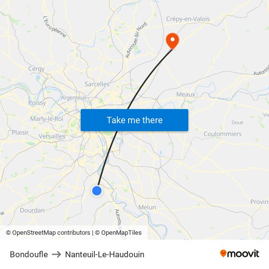 Bondoufle to Nanteuil-Le-Haudouin map