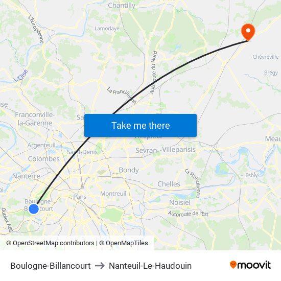 Boulogne-Billancourt to Nanteuil-Le-Haudouin map