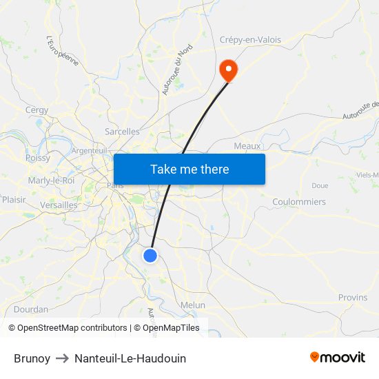 Brunoy to Nanteuil-Le-Haudouin map