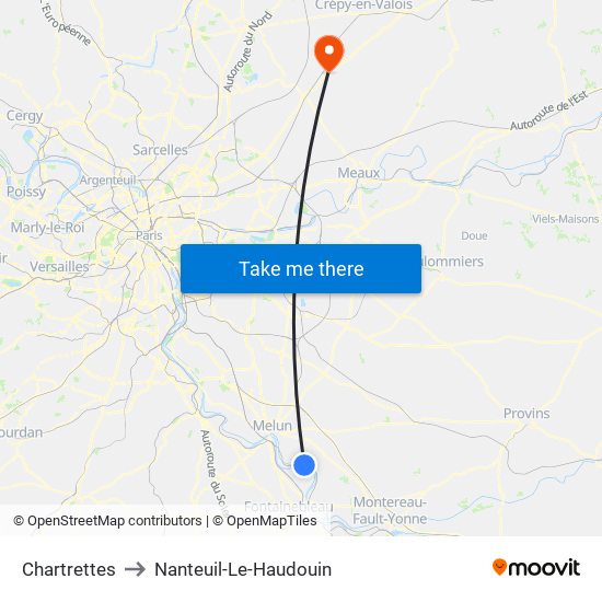 Chartrettes to Nanteuil-Le-Haudouin map