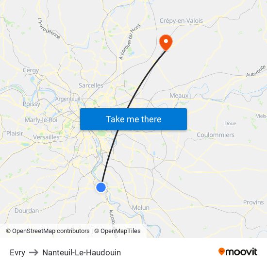 Evry to Nanteuil-Le-Haudouin map