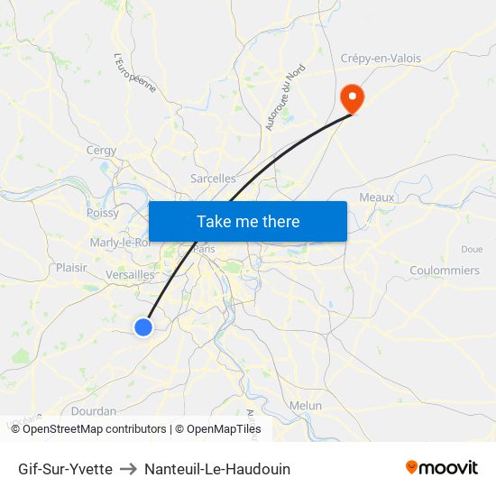 Gif-Sur-Yvette to Nanteuil-Le-Haudouin map