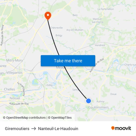 Giremoutiers to Nanteuil-Le-Haudouin map