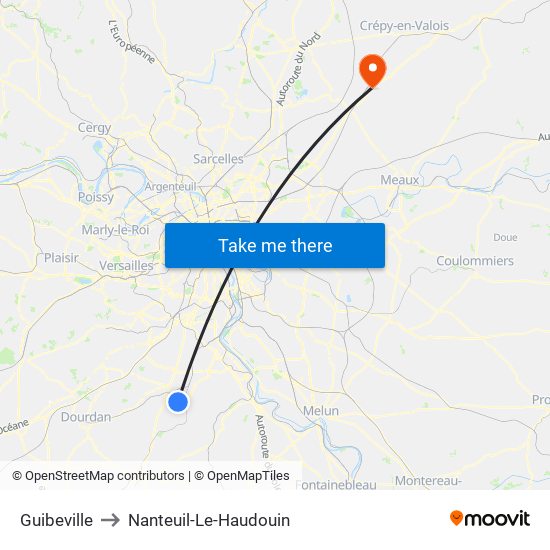 Guibeville to Nanteuil-Le-Haudouin map