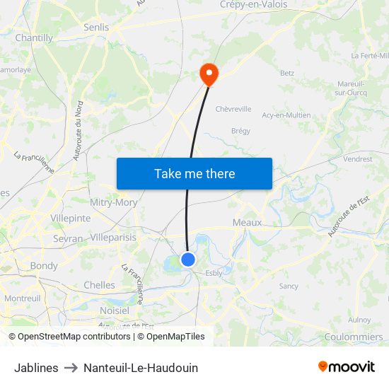 Jablines to Nanteuil-Le-Haudouin map