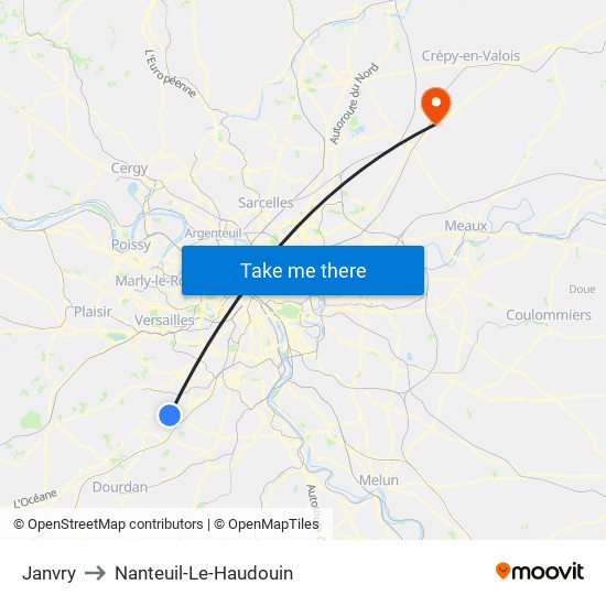 Janvry to Nanteuil-Le-Haudouin map
