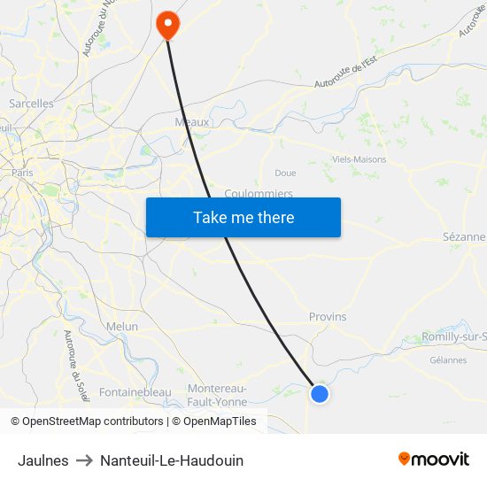 Jaulnes to Nanteuil-Le-Haudouin map