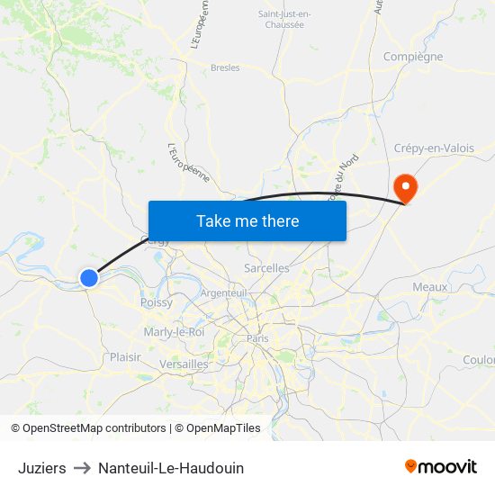 Juziers to Nanteuil-Le-Haudouin map