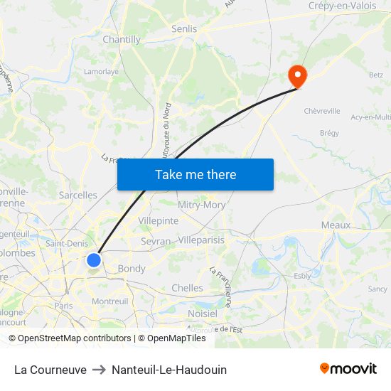 La Courneuve to Nanteuil-Le-Haudouin map