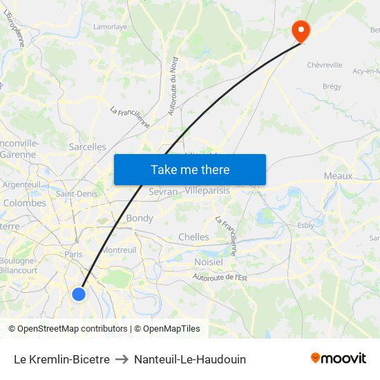 Le Kremlin-Bicetre to Nanteuil-Le-Haudouin map