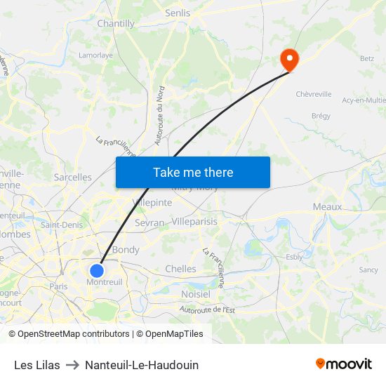 Les Lilas to Nanteuil-Le-Haudouin map