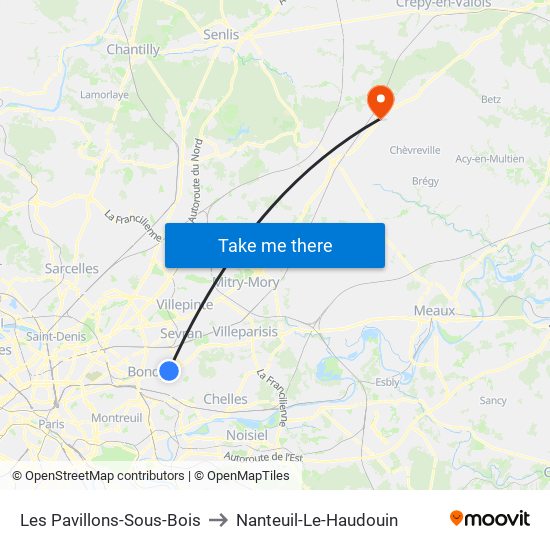 Les Pavillons-Sous-Bois to Nanteuil-Le-Haudouin map