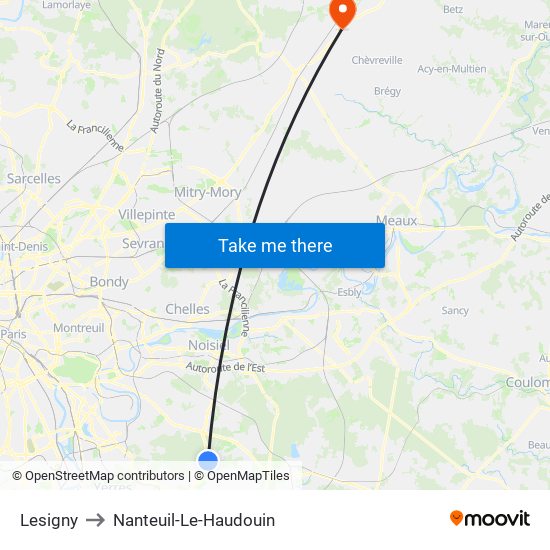 Lesigny to Nanteuil-Le-Haudouin map