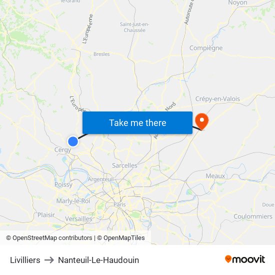 Livilliers to Nanteuil-Le-Haudouin map