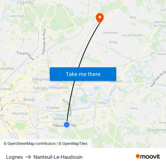 Lognes to Nanteuil-Le-Haudouin map